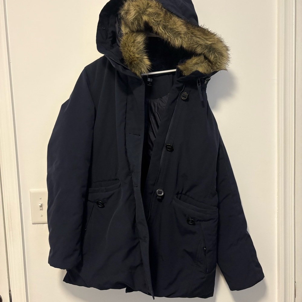 SOLD Uniqlo Navy Hooded Down Coat with Faux Fur Trim